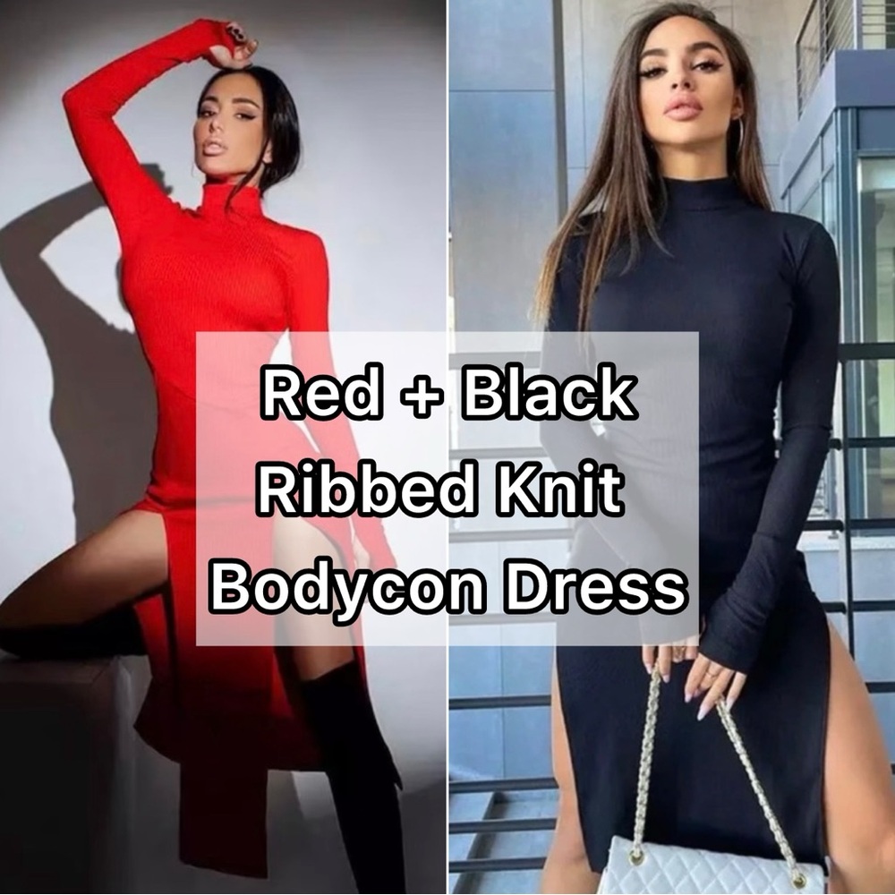 Long-Sleeve Ribbed Bodycon Dress in Red and Black